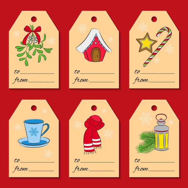 Altı Noel ve yeni yıl etiketleriyle tatil simgeler ve kış simgeler kümesi. Farklı öğeleri her kartın üzerinde. Kullanılan tasarım, karalama defteri, sarma, Hediyelik mağaza satış için. Vektör