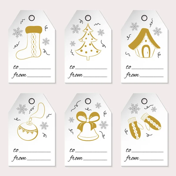 Een set van zes Kerstmis of Nieuwjaar gift tags met vakantie pictogrammen en symbolen die winter. Gouden geïsoleerde op witte achtergrond. Gebruikt voor uw ontwerp, scrapbook, verpakking, verkoop. Vectorillustratie — Stockvector