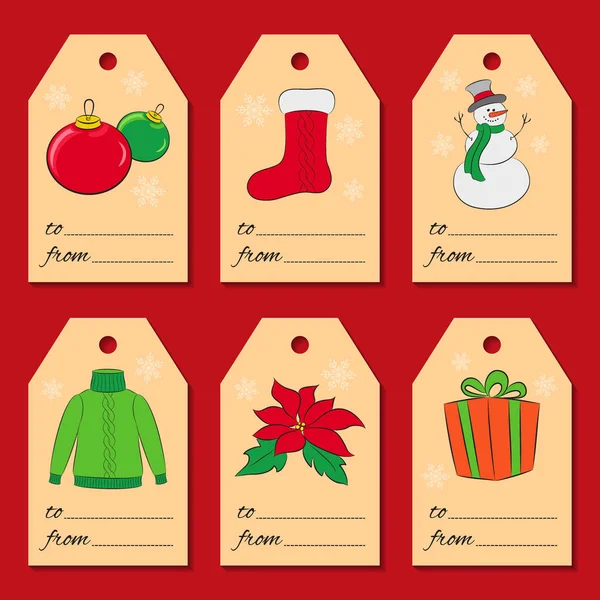 Um conjunto de seis etiquetas de Natal ou Ano Novo com ícones de férias e símbolos de inverno. Elementos diferentes em cada cartão. Usado para seu projeto, scrapbook, embrulho do presente, venda na loja. Vetor — Vetor de Stock