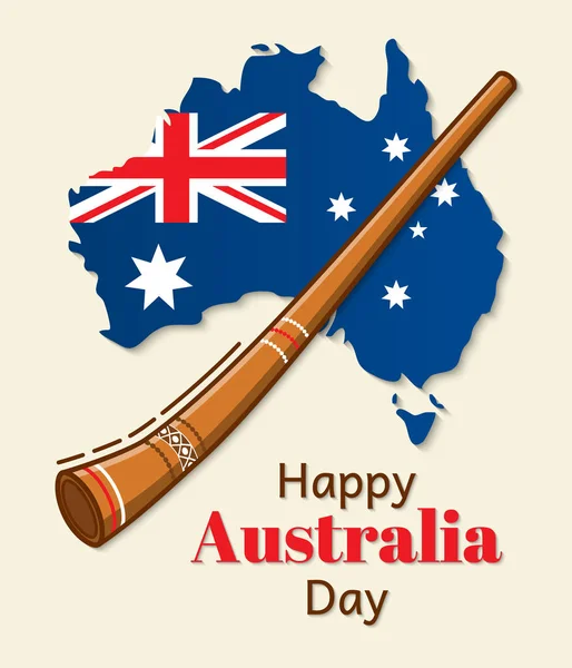 Щасливий день Австралії вектор дизайн. Національний прапор у вигляді карті. Привітання напис і традиційні музичний інструмент під назвою діджеріду. Придатний для вітальних листівок, банер, запрошення — стоковий вектор