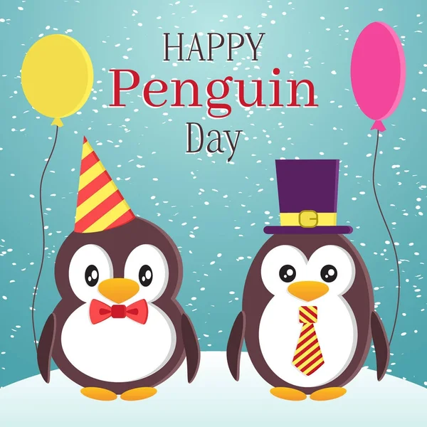 Pinguïn Awareness Day themaontwerp. Twee schattige elegante Pinguïns met ballonnen. Cartoon vlakke stijl vectorillustratie. Bruikbaar voor banner, wenskaart, uitnodiging — Stockvector