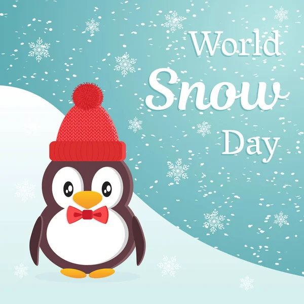 Wereld Snow Day themaontwerp. Schattige cartoon penguin draagt een warme muts en das een dagvlinder tegen de achtergrond van de dia van een sneeuw. Vlakke stijl vector — Stockvector