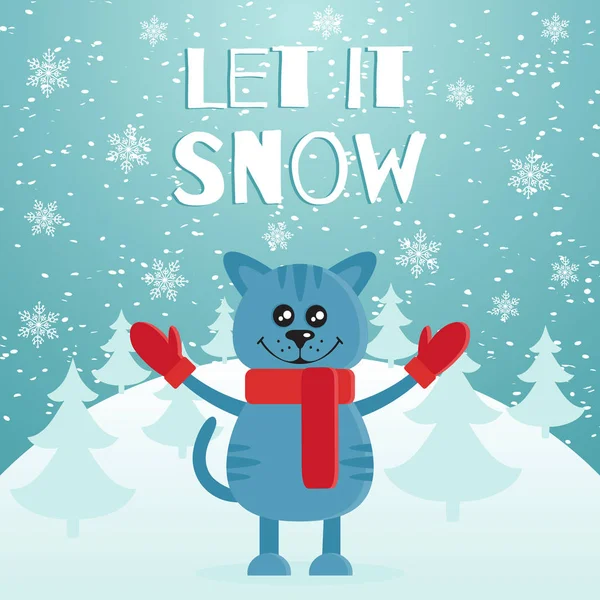 Deja que nieve la postal o la pancarta. Lindo gato azul vestido con bufanda roja y mitones. Bosque de montaña y abeto en el fondo. Feliz Navidad. Diseño plano. Vector — Vector de stock