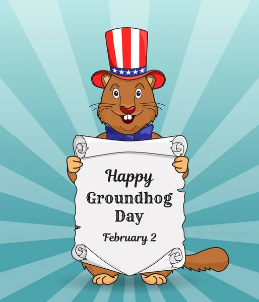 Glad Groundhog dag gratulationskort eller en vertikal banner. Cartoon design med en söt lilla odjuret i en USA flagga hatt på huvudet. Gratulationer inskription på en gammal scrolla. Vektorillustration — Stock vektor