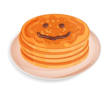 Bir yığın krep bir plaka üzerinde. Gülen yüz çikolata tepesi ile çizilmiş. Beyaz arka plan üzerinde izole simgesi. Vektör çizim. Tasarım menü, yemek tarifi, tebrik kartı, afiş için kullanılabilir