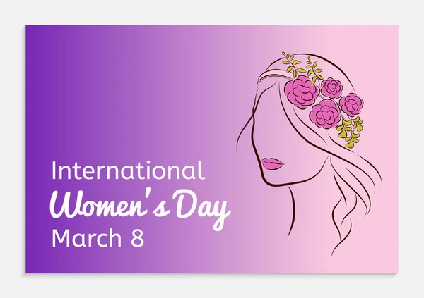 Carte de souhaits de la Journée internationale de la femme. Silhouette d'une belle fille dans une jante avec des fleurs sur la tête. Fond dégradé ultra violet à la mode. Illustration vectorielle — Image vectorielle