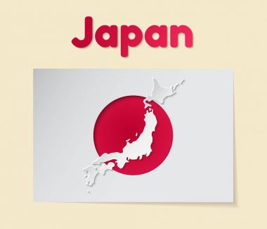Japonya Tema vektör çizim. Etiket oyulmuş bir kırmızı daire ile bir bayrak şeklinde. Bir aplike haritasıdır. Modern katmanlı tasarım