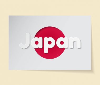 Japan theme vector illustration. Sticker in the shape of a flag with a cut out red circle. Applique inscription. Modern layered design clipart