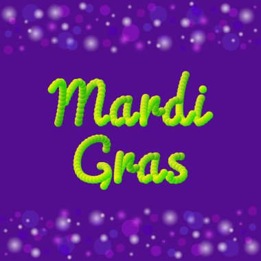 Mardi Gras Tema vektör banner veya tebrik kartı. 3D etkisi metin. Geleneksel violet, yeşil, sarı karnaval renkleri