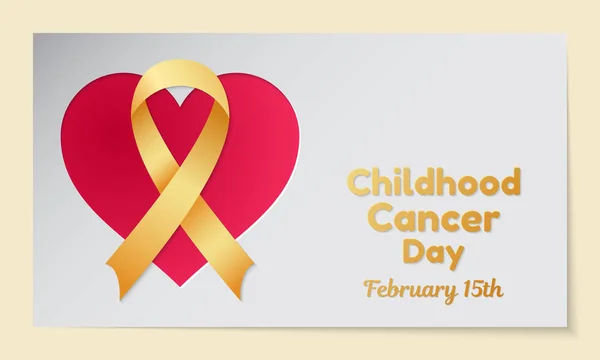 Thème de la Journée du cancer chez les enfants. Carte postale ou bannière avec un cœur découpé en papier, un ruban d'or et ressemblant à une inscription. Illustration vectorielle — Image vectorielle