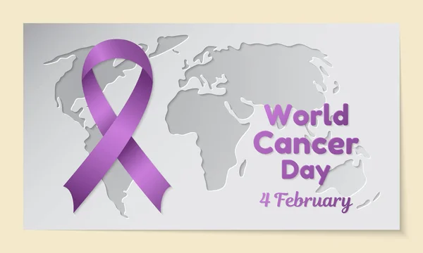 World Cancer Day tema. Vykort eller banderoll med en karta som utskuren i papper, ett lila band och som liknar en inskription. Datum för händelsen är 4 februari. Vektorillustration — Stock vektor