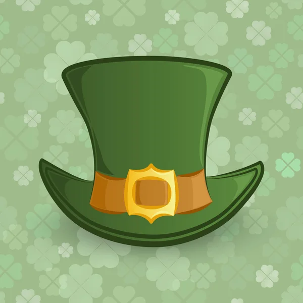 Fiesta irlandesa tema Día de San Patricio. Icono de vector de dibujos animados. Sombrero verde del duende aislado sobre un fondo de patrón transparente con hojas de trébol — Vector de stock