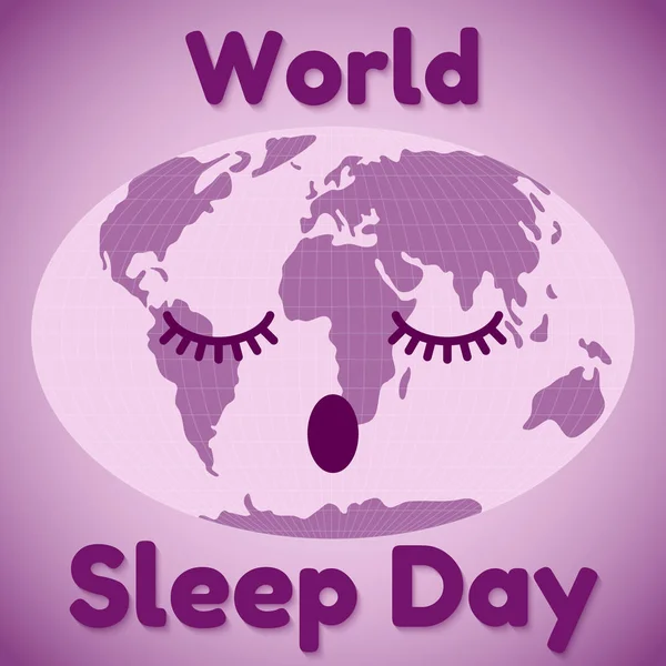 Het thema van de dag van de slaap van het wereld. Een slaap van de kaart van de wereld- en dat lijkt op een inscriptie. Wenskaart of banner in paars. Vectorillustratie — Stockvector