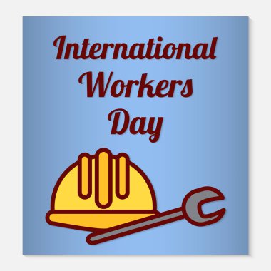 Uluslararası İşçi Bayramı tebrik kartı veya afiş. Düz simgeler tatil sembolleri olarak koruyucu bir kask ve bir İngiliz anahtarı bulunmaktadır. Vektör çizim