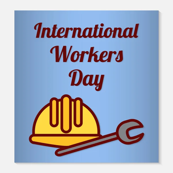 Kaart van de groet van de internationale dag van de werknemers of banner. Plat pictogrammen zijn een beschermende helm en een moersleutel als symbolen van de vakantie. Vectorillustratie — Stockvector