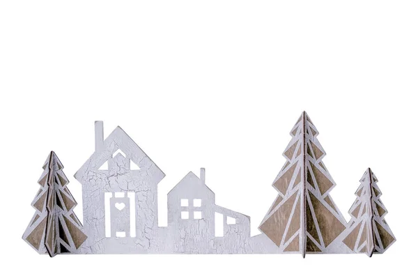 Natal isolado casa de madeira com abetos. Decoração de Ano Novo em janelas ou prateleira . — Fotografia de Stock