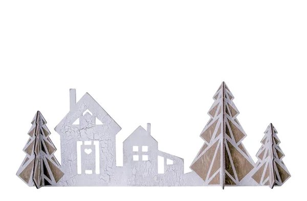 Noel köknar ağaçları ile izole ahşap ev. Yeni yıl dekor windows veya raf. Stok Resim