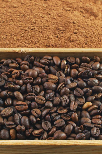 Grains of coffee, cocoa powder in a box — Stock Photo, Image