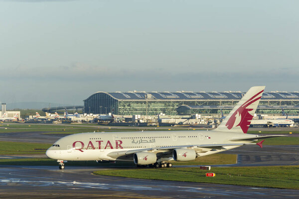 LONDON, UK - CIRCA 2016: Qatar Airways Airbus A380 Taxiing at Heathrow Airport