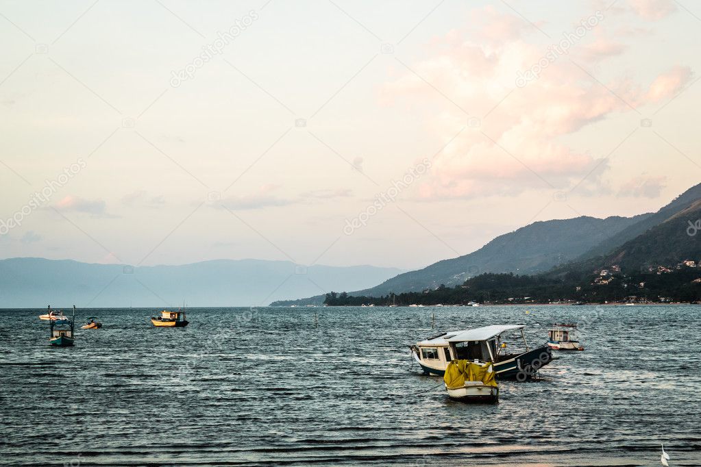 Boats and Mountains at Beautiful Island (Ilhabela) in San Paulo 