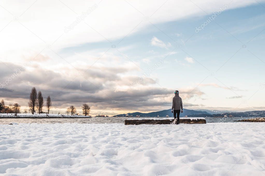 Vancouver beach covered in snow, BC, Canada