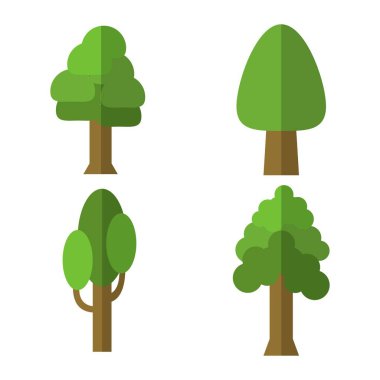 Basit çizgi film ağaç seti, düz tasarım. 