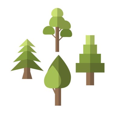 Basit çizgi film ağaç seti, düz tasarım. 