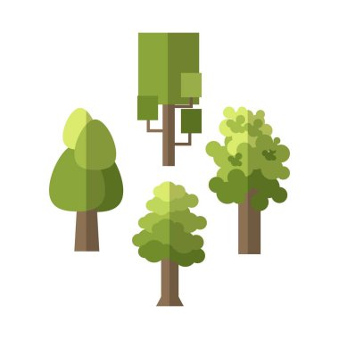 Basit çizgi film ağaç seti, düz tasarım. 