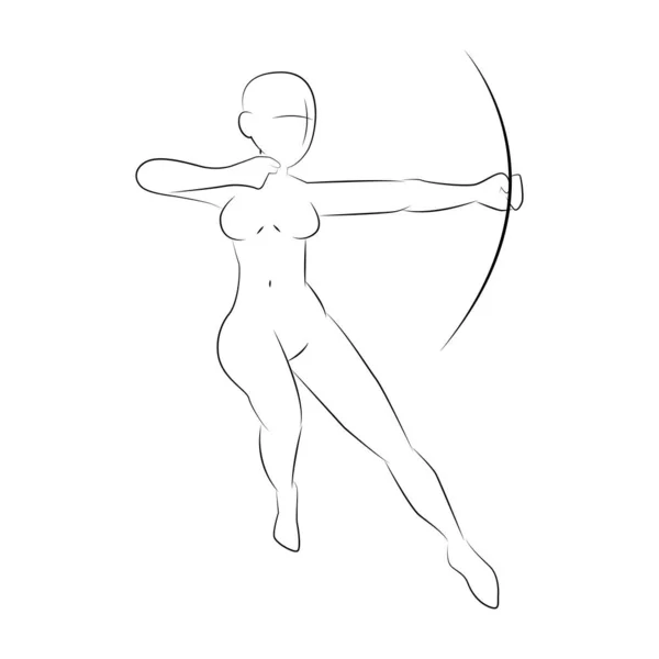 Vrouwelijke Archer Body Pose Line Art — Stockvector