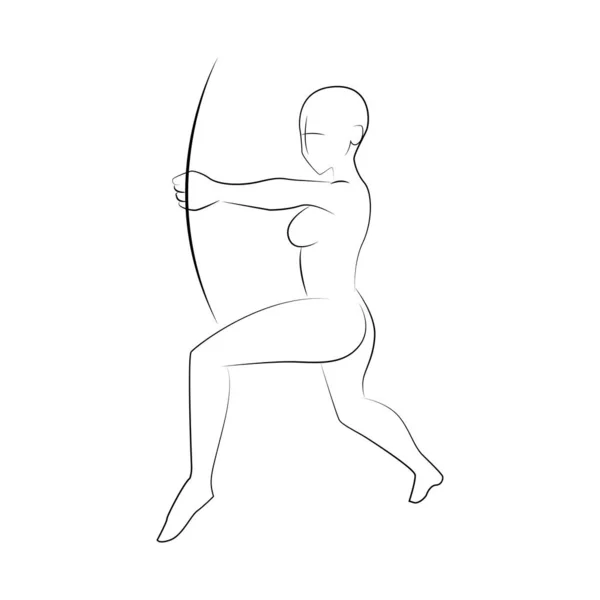 Cuerpo Arquero Femenino Pose Line Art — Vector de stock