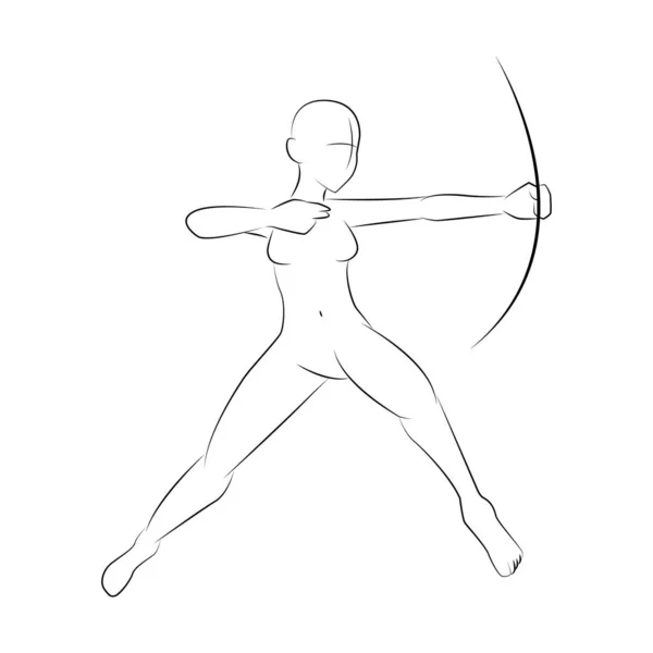 Female Archer Body Pose Line Art — Stock Vector