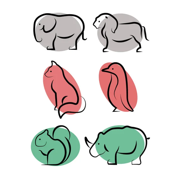 Um conjunto linear de animais.Ícone elefante, leão, raposa, pinguim, esquilo, rinoceronte Em um fundo cinza —  Vetores de Stock