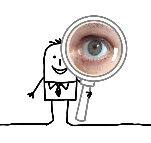 Cartoon people - usinessman with magnified eye — Stock Photo, Image