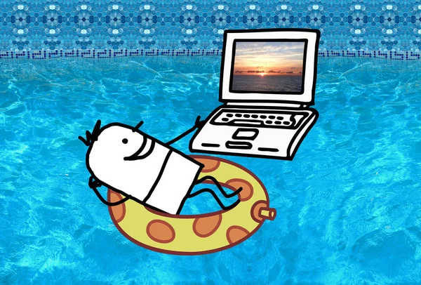 Cartoon character - Man with laptop in a swimming pool