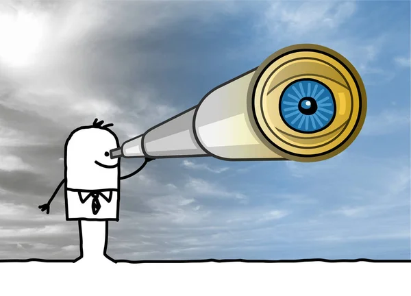 Cartoon Businessman with Telescope and Big Eye