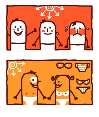 çizgi film karakterleri - sıcak yapraklara ve bronzlaşma vektör el çekilmiş