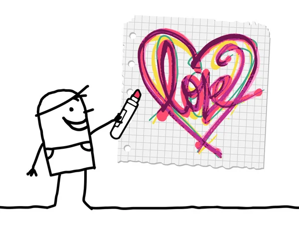Desenho do menino dos desenhos animados um coração esboçado — Vetor de Stock