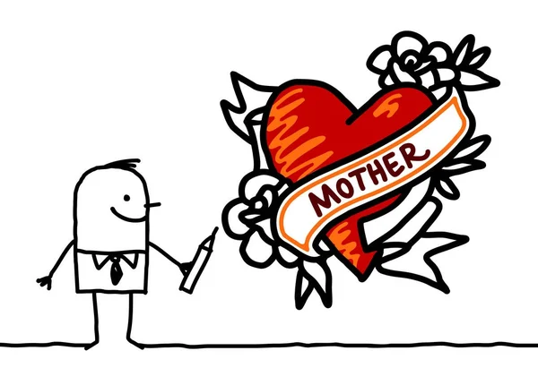 Cartoon-Mann zeichnet ein Herz im Tätowierstil — Stockvektor