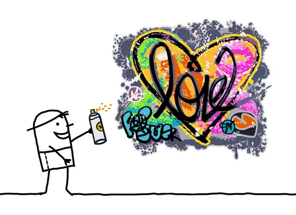 Hombre de dibujos animados diseñando un corazón de graffiti — Vector de stock