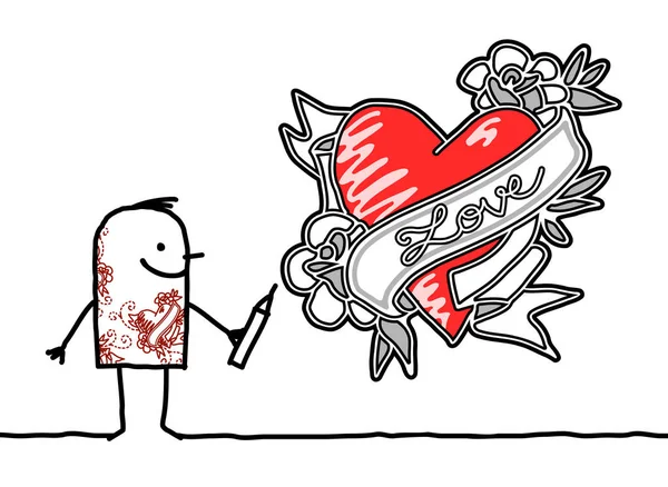 Man van de cartoon tekenen een Tattoo stijl hart — Stockvector