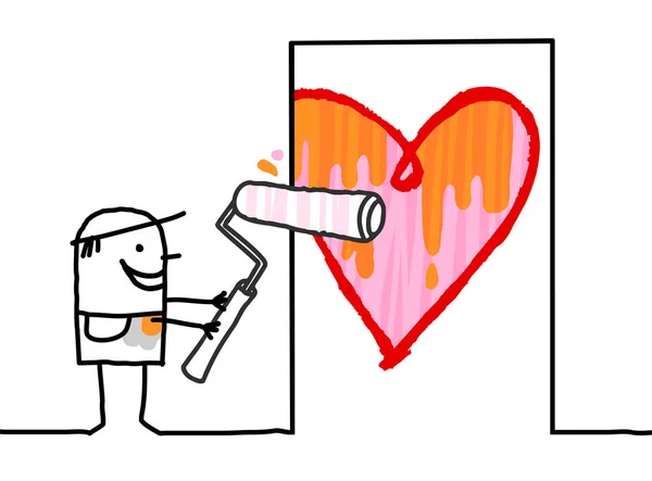 Uomo dei cartoni animati Pittura un grande cuore sulla porta — Vettoriale Stock
