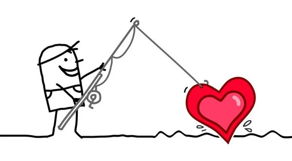 Γελοιογραφία άνθρωπος ψάρεμα μεγάλη καρδιά — Διανυσματικό Αρχείο