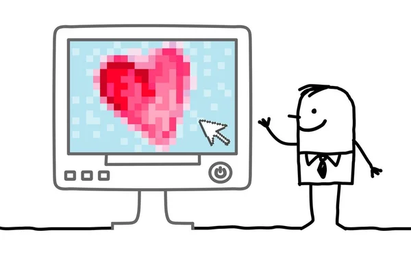 Cartoon-Mann mit großem Herz am Computer — Stockvektor