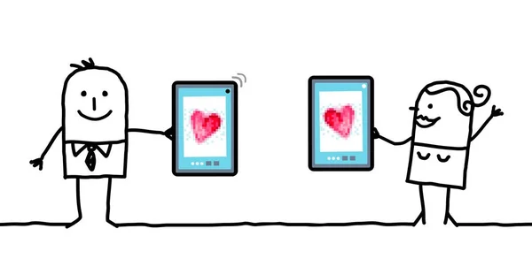 Dessin animé couple regarder coeurs sur tablettes — Image vectorielle