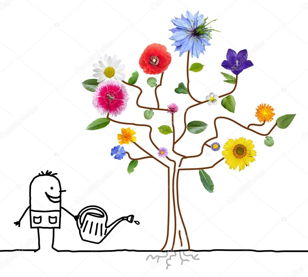 Cartoon Gardener Watering Flowering Tree
