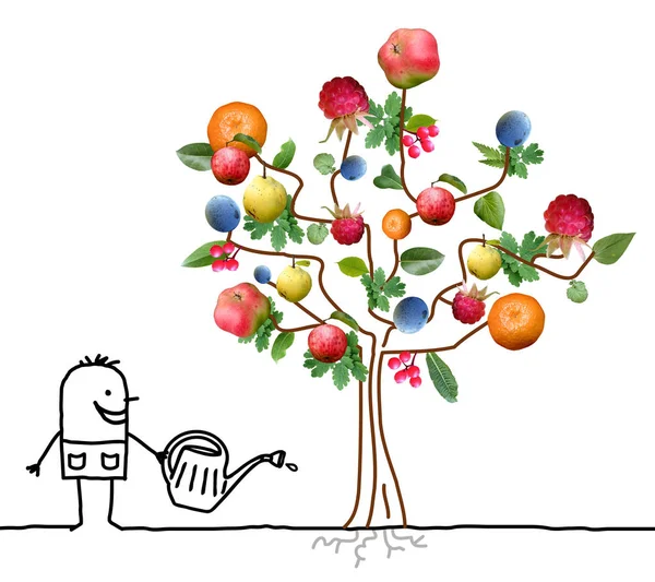 Dessin animé jardinier arrosage multi arbre fruitier — Photo