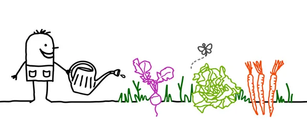 Dessin animé Jardinier arrosage légumes — Image vectorielle