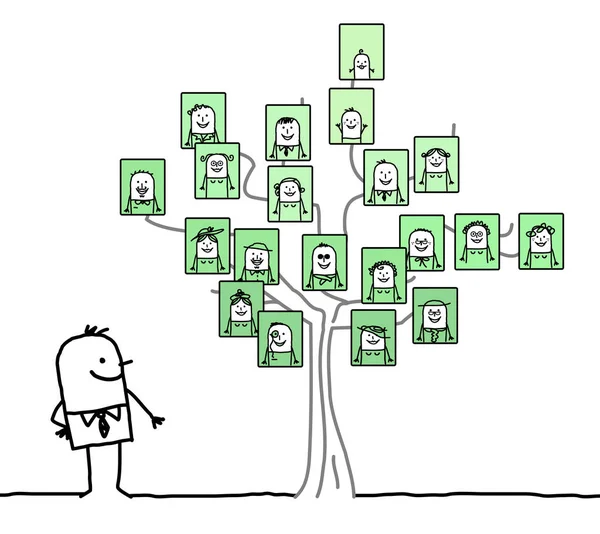 Hombre de dibujos animados viendo un árbol genealógico — Archivo Imágenes Vectoriales