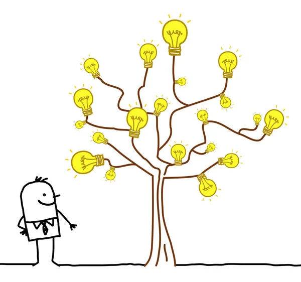 Empresario de dibujos animados viendo un árbol de bombillas — Vector de stock