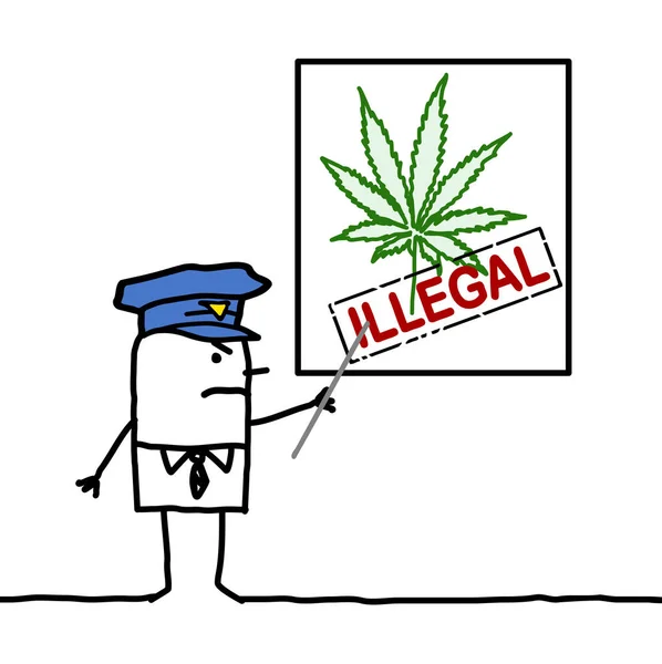 Cartoon Policeman Showing a Cannabis Leaf — Stock Vector
